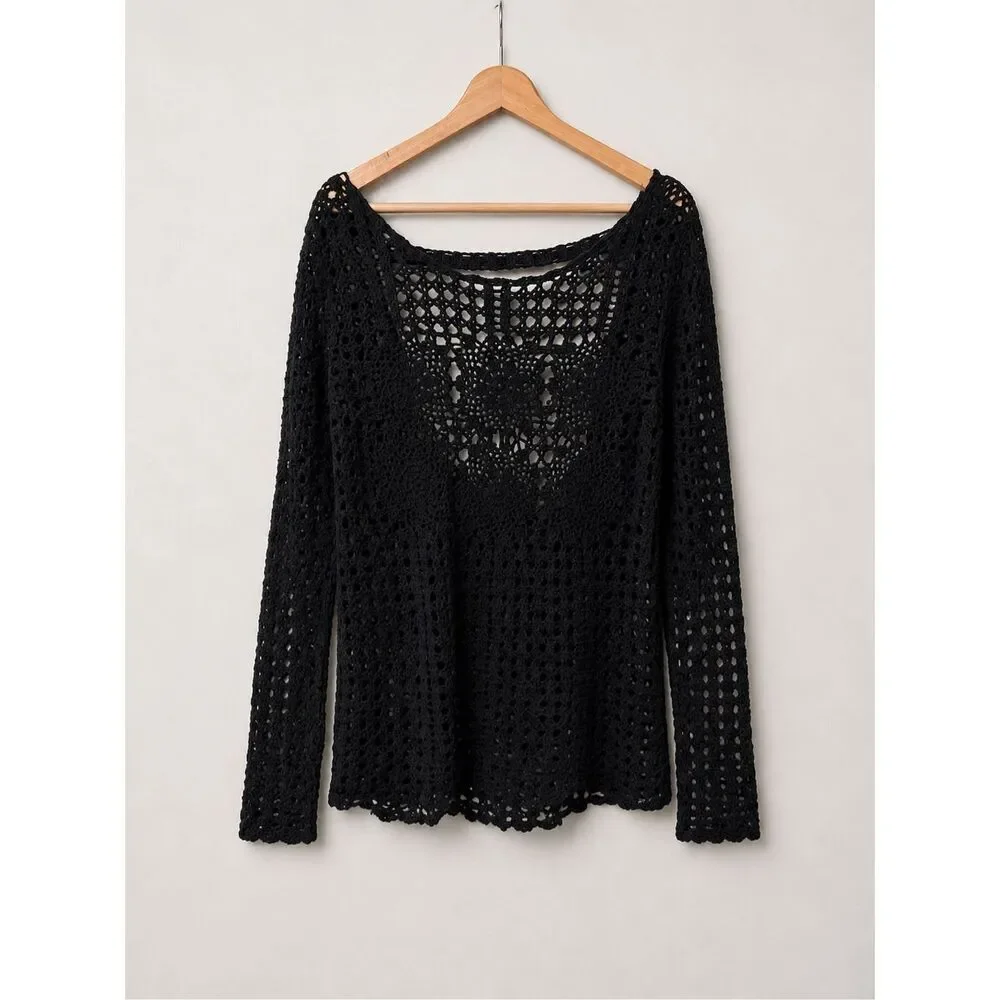 Free People Black Crochet Open Knit Open Back Tunic Sweater Boho Size S